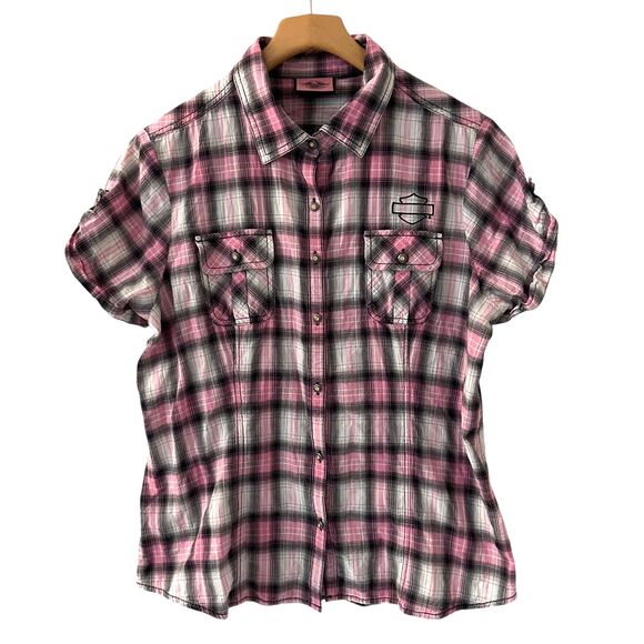 Harley-Davidson Pink Lavel Black and Pink Plaid Short Sleeve Button Up Blouse M - Picture 1 of 8